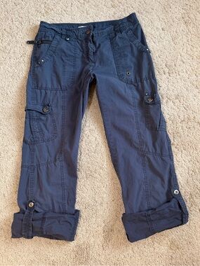 Womens Cargo Pants Size 6 Blue Cotton Pockets Wide Baggy Utility Capri